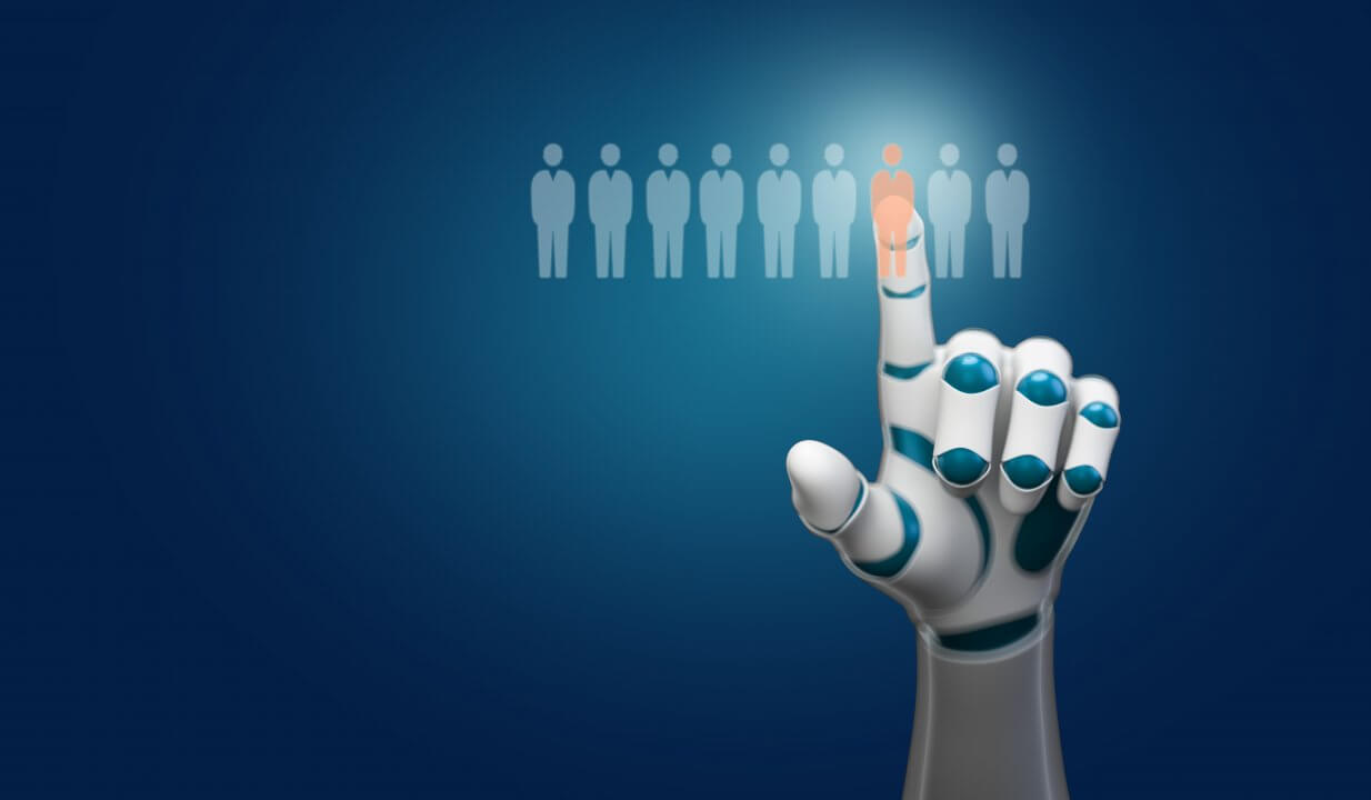 robot hand selecting a person symbol out of many &#8211; 3d illustration
